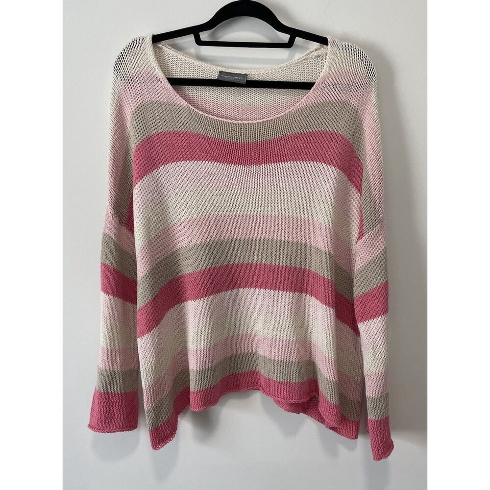 WOODEN SHIPS Striped Sweater Womens Medium Large M/L Tan Pink Slouchy Relaxed